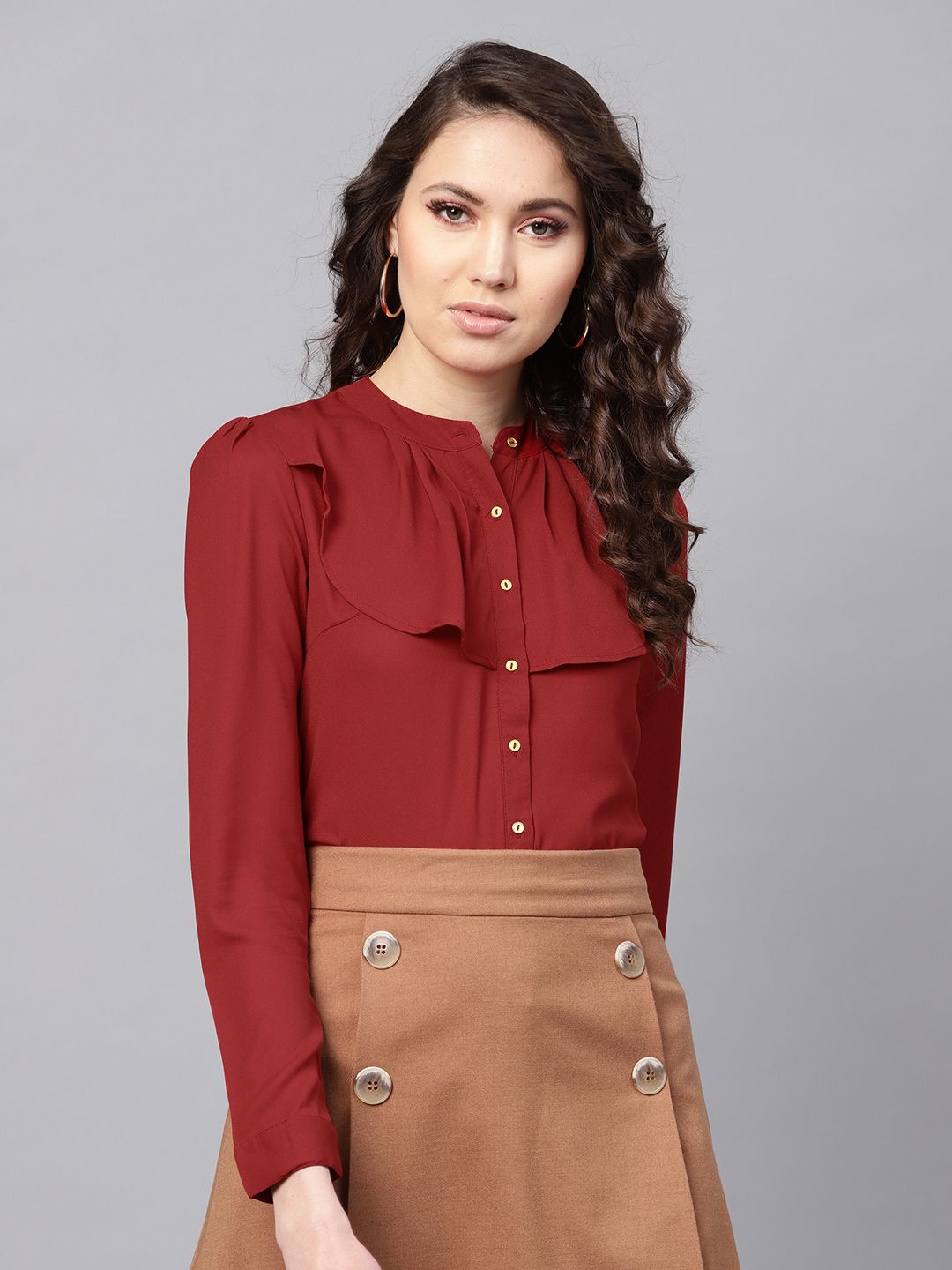 SASSAFRAS Women Maroon Ruffled Shirt Style Top