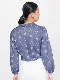 Global Desi Geometric Printed Shirt Style Waist Tie Up Pure Cotton Crop Top