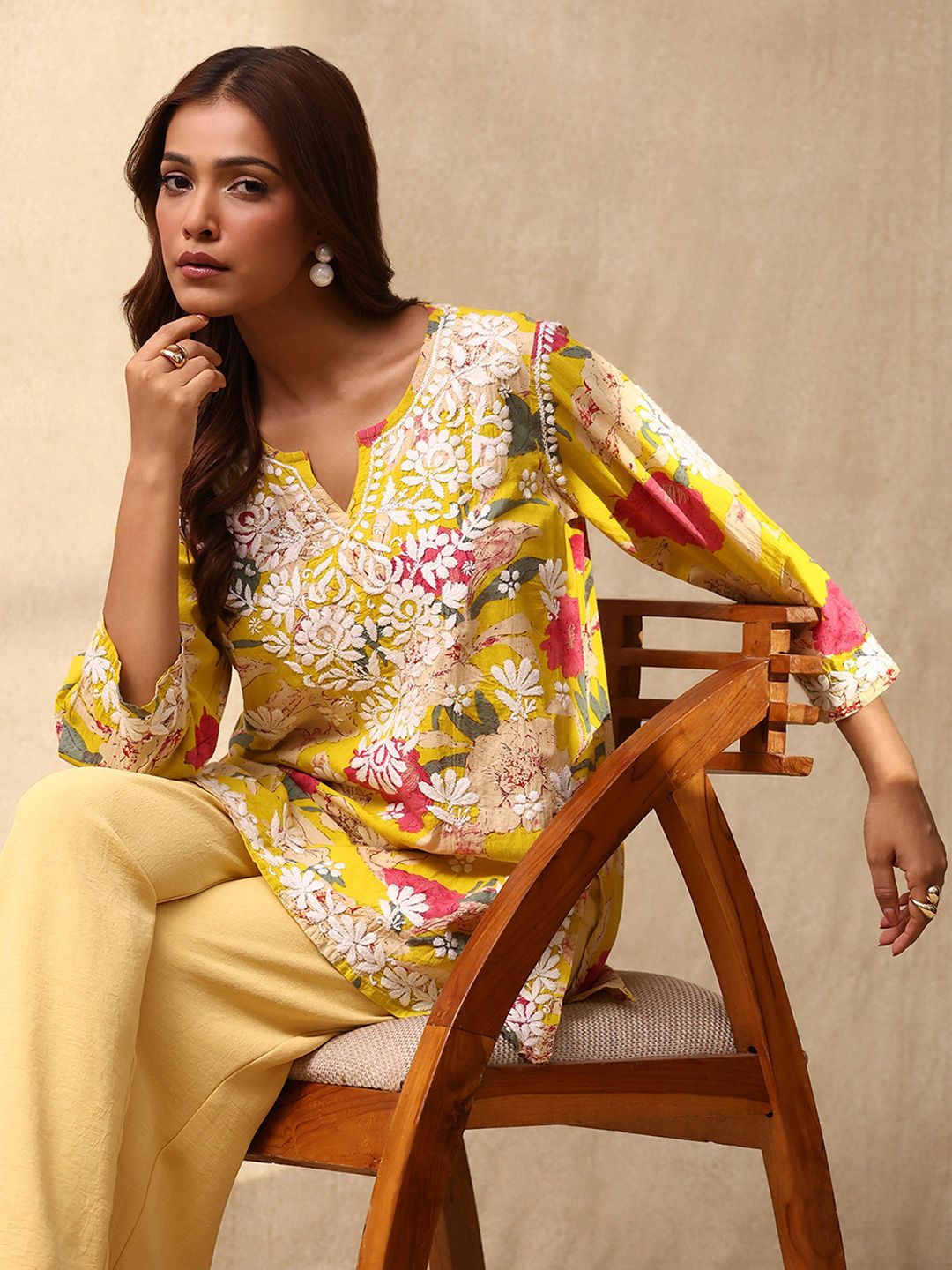 House of Chikankari Women Yellow Cotton Chikankari Embroidered Kurta