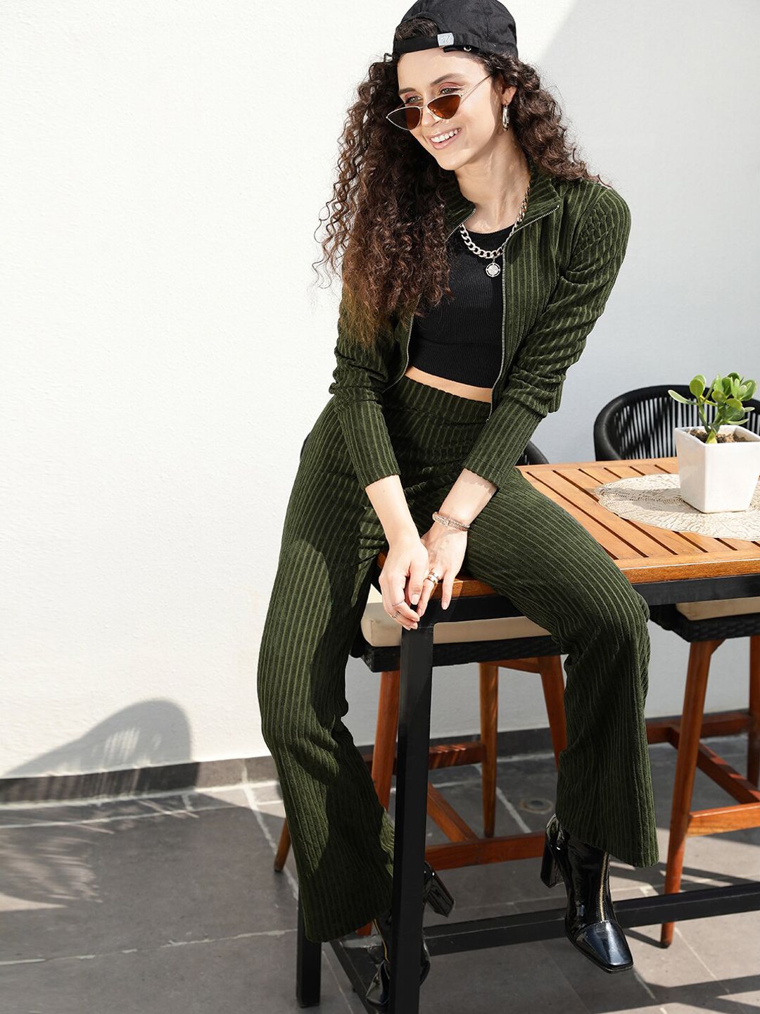 STREET 9 Women Olive Green Striped Crop Bomber Jacket
