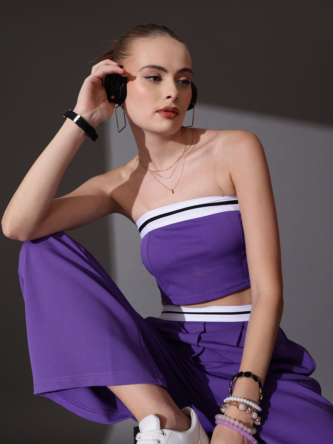 STREET 9 Solid Off Shoulder Top With Flared Trousers Co-Ords