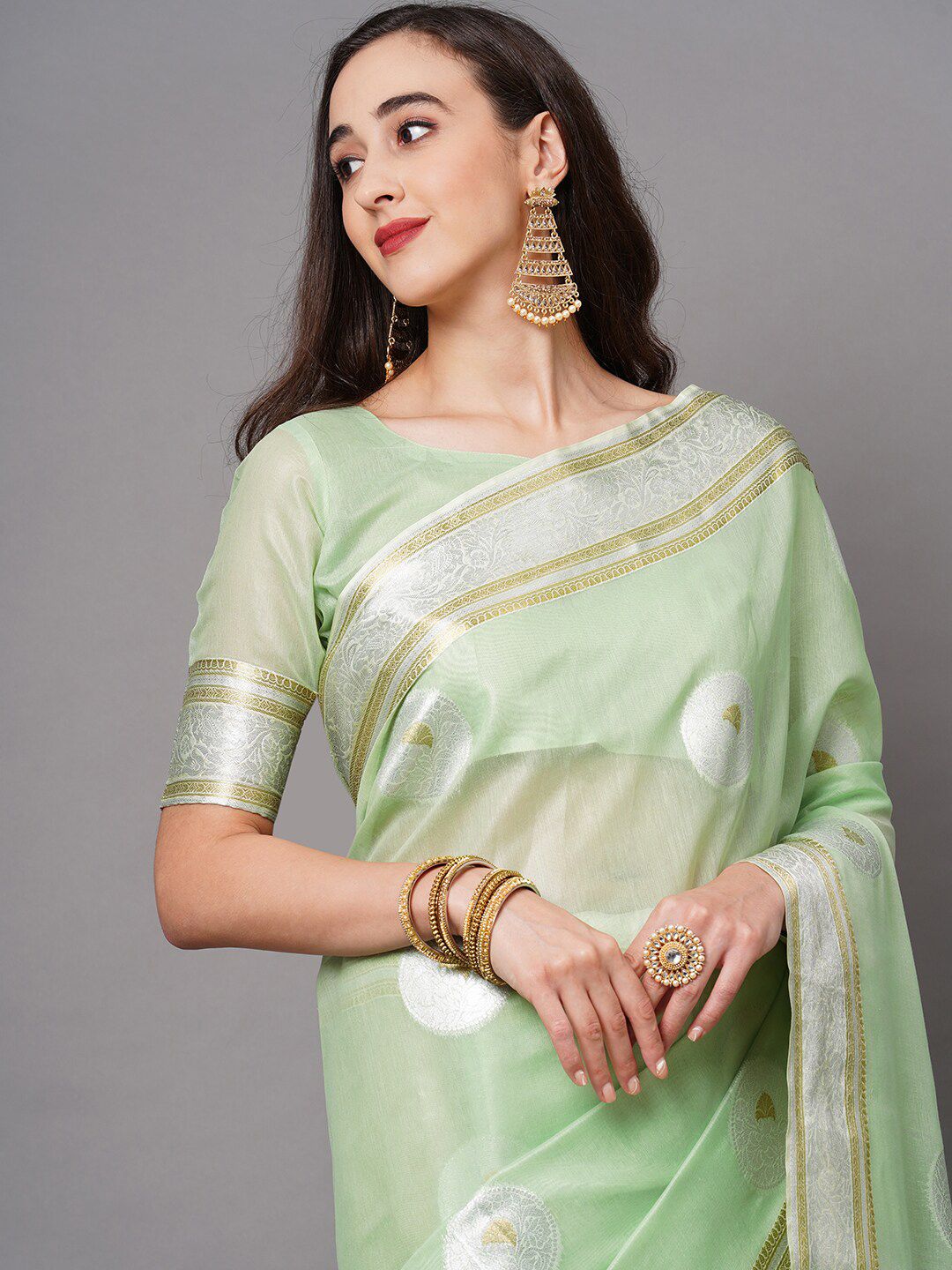 Saree mall Green & Silver-Toned Woven Design Silk Blend Banarasi Sarees