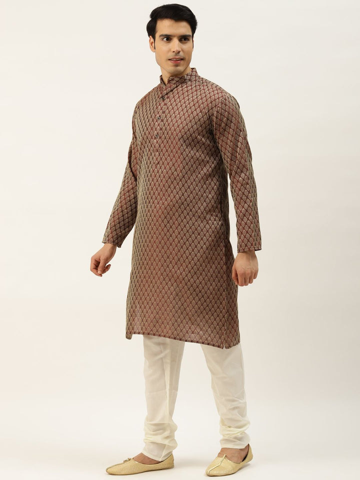 SOJANYA Men Maroon & Golden Self Design Kurta with Churidar & Nehru Jacket