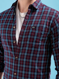The Indian Garage Co Men Maroon & Blue Regular Fit Checked Casual Shirt