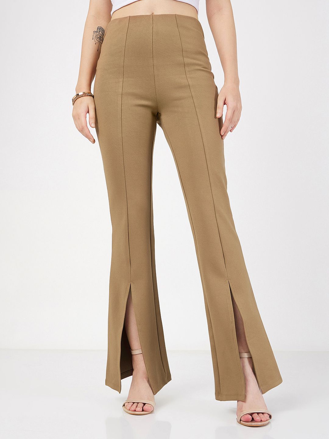SASSAFRAS Women Beige Slim Fit Bootcut Trousers