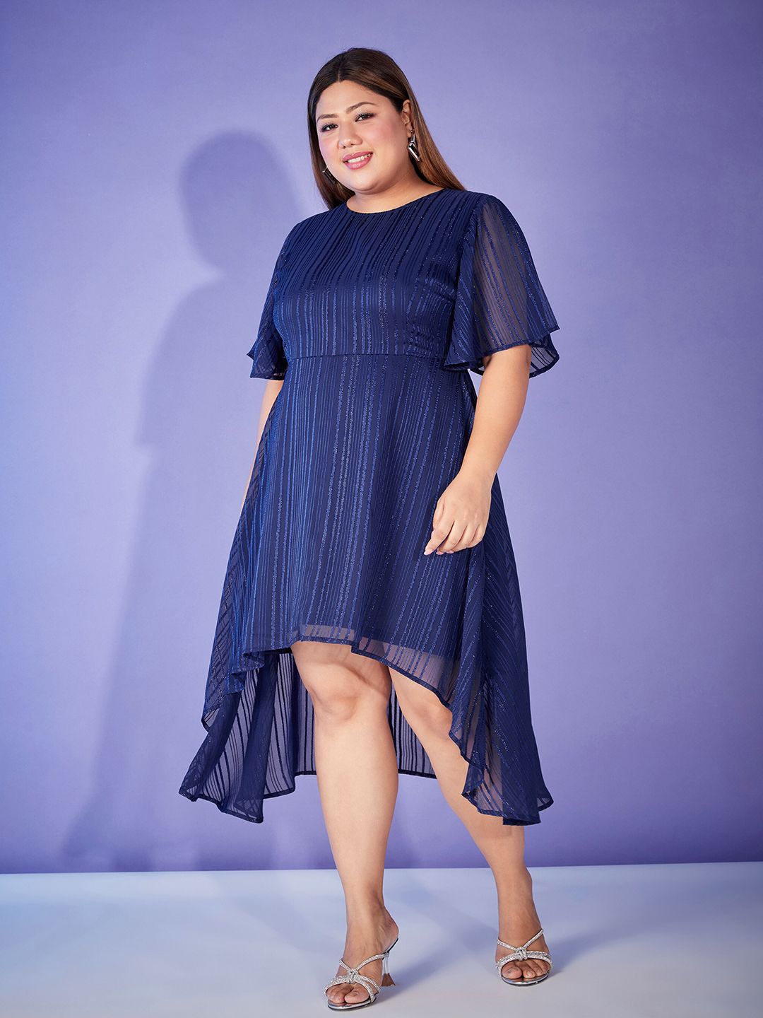SASSAFRAS Curve Plus Size Navy Blue Self Design Flared Sleeves Fit & Flare Midi Dress