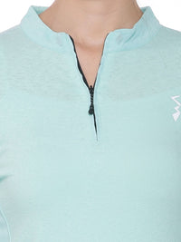 Campus Sutra Women Turquoise Blue Solid Henley Neck T-shirt