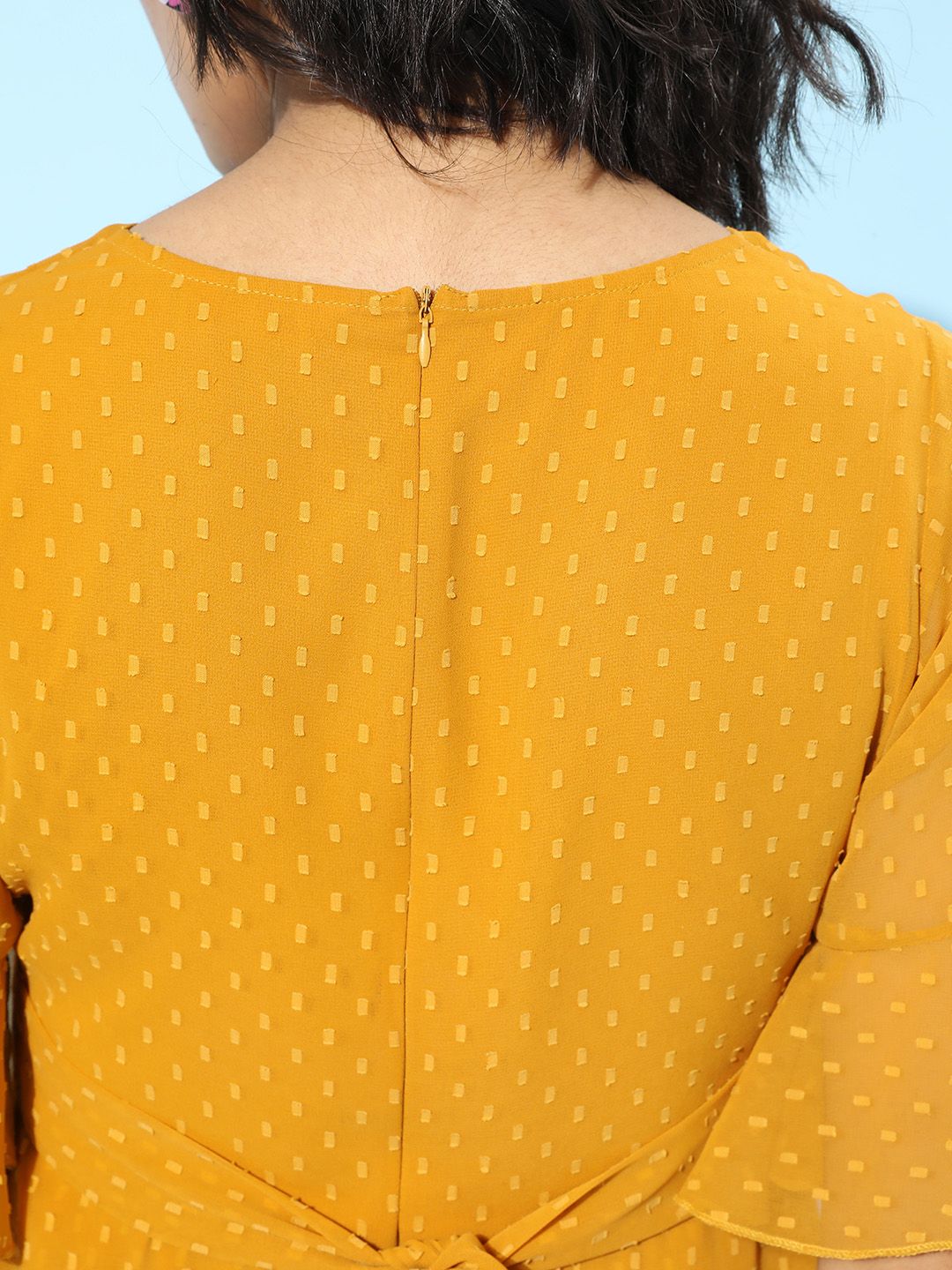 Berrylush Women Stylish Mustard Self-Design Feminine Frills Dress