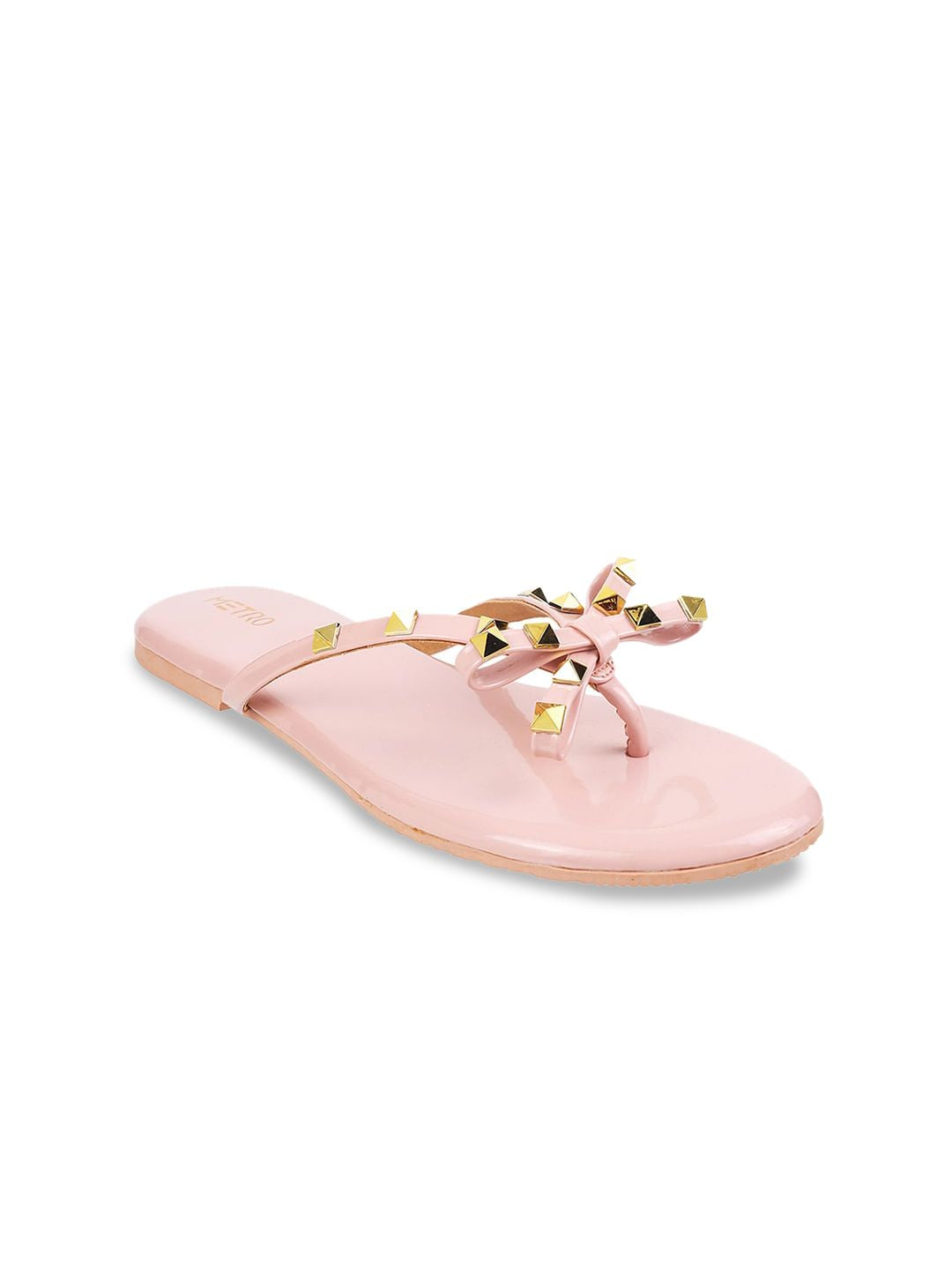 Metro Women Peach-Coloured Embellished T-Strap Flats