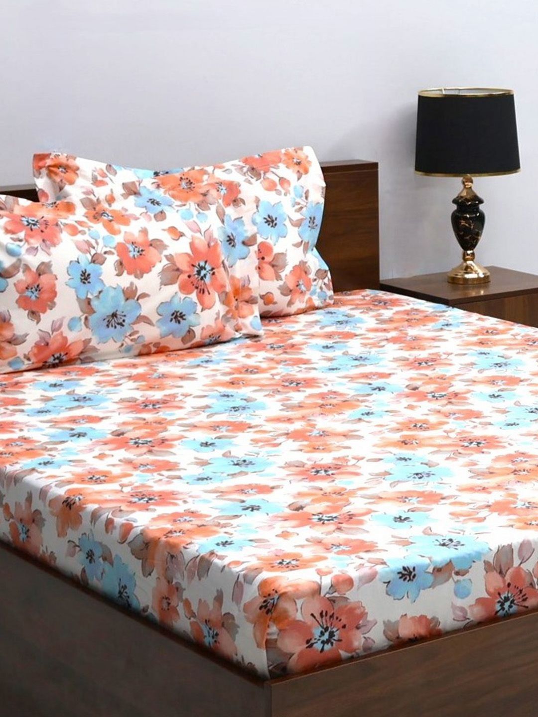 BOMBAY DYEING Allure Orange & White Printed 144 TC Pure Cotton Fitted Queen Bedsheet Set