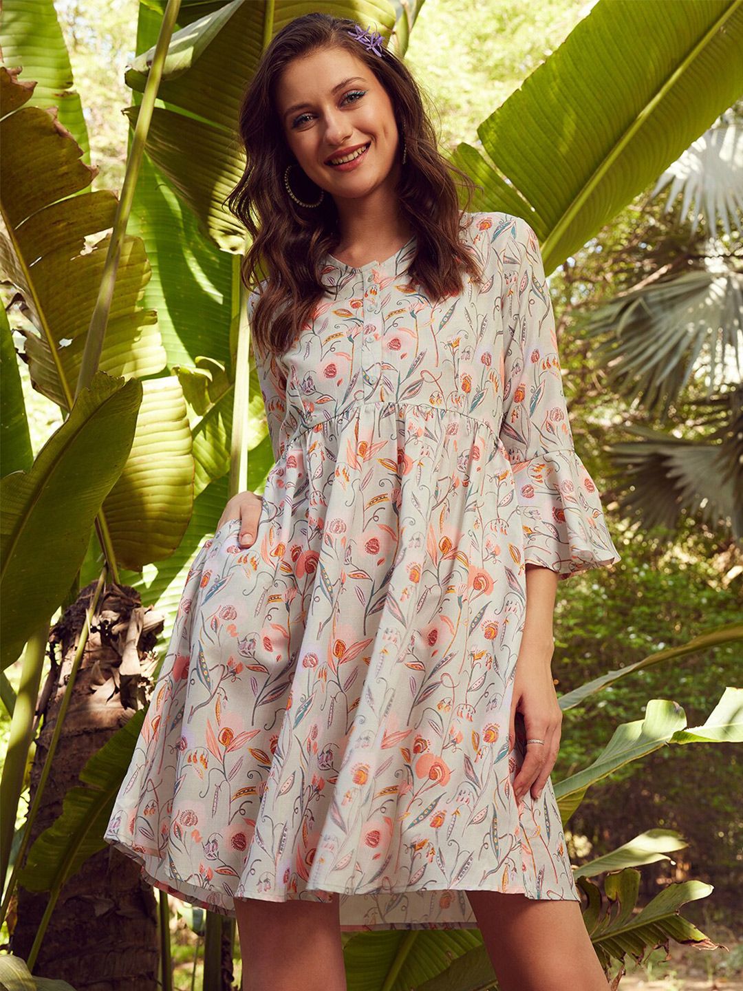 STREET 9 Floral Printed Pure Linen Fit & Flare Dress