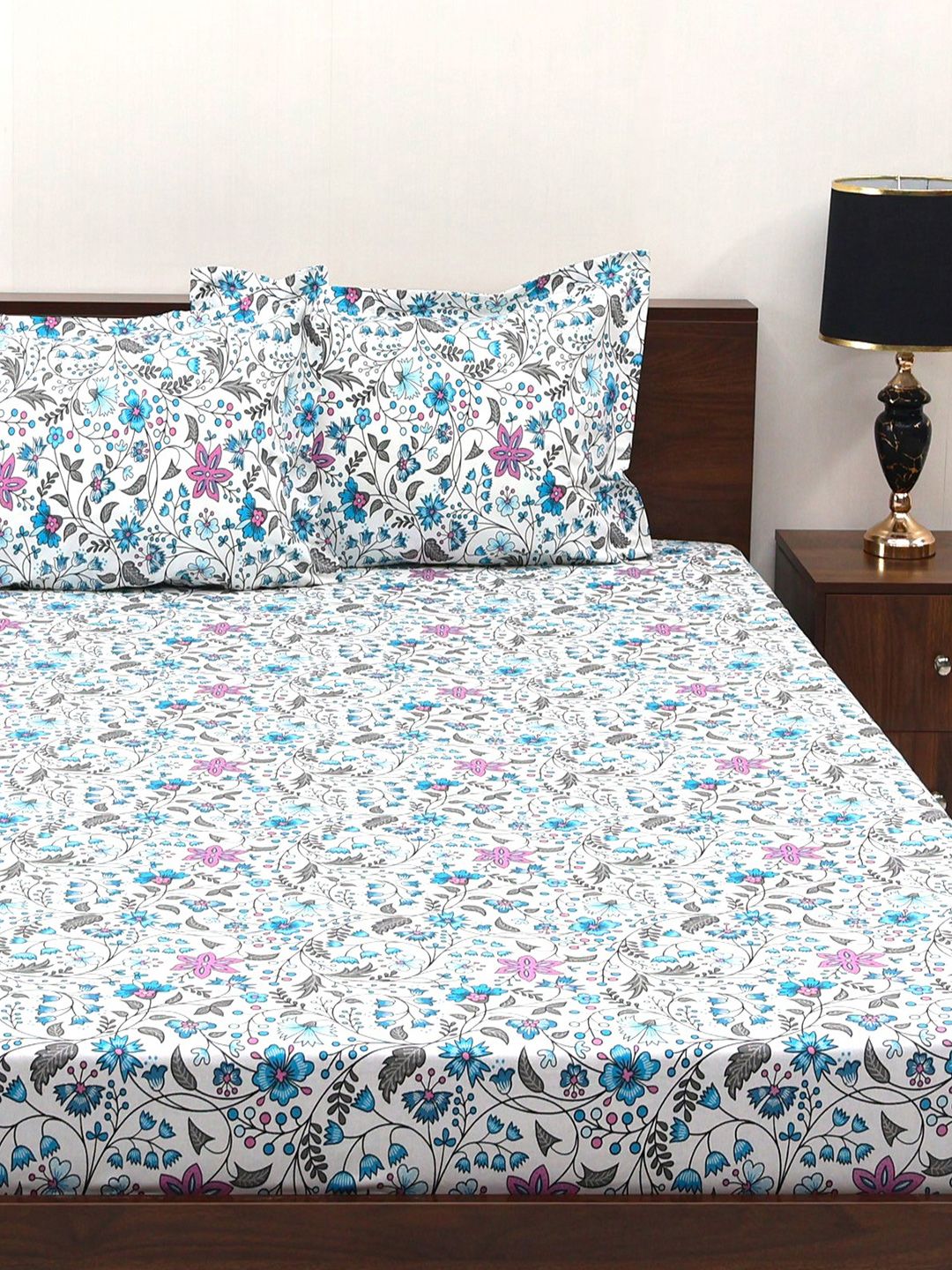 BOMBAY DYEING Cardinal Blue Floral Printed Cotton 120 TC Queen Bedsheet Set 2.54 x 2.24m