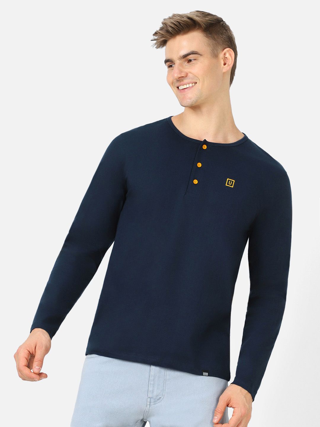 Urbano Fashion Men Navy Blue Solid Henley Neck Pure Cotton T-shirt