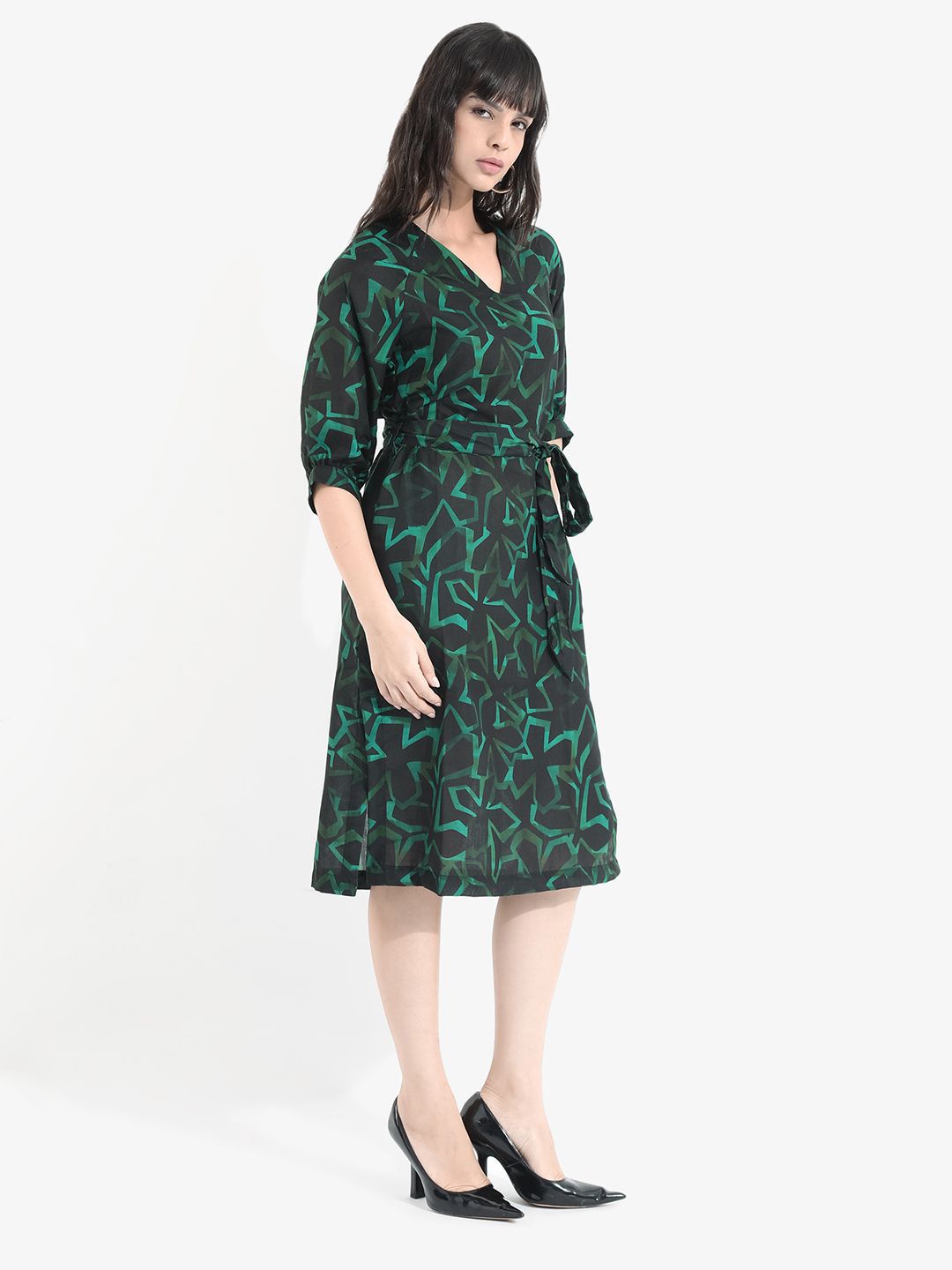 RAREISM Abstract Print Linen A-Line Midi Dress