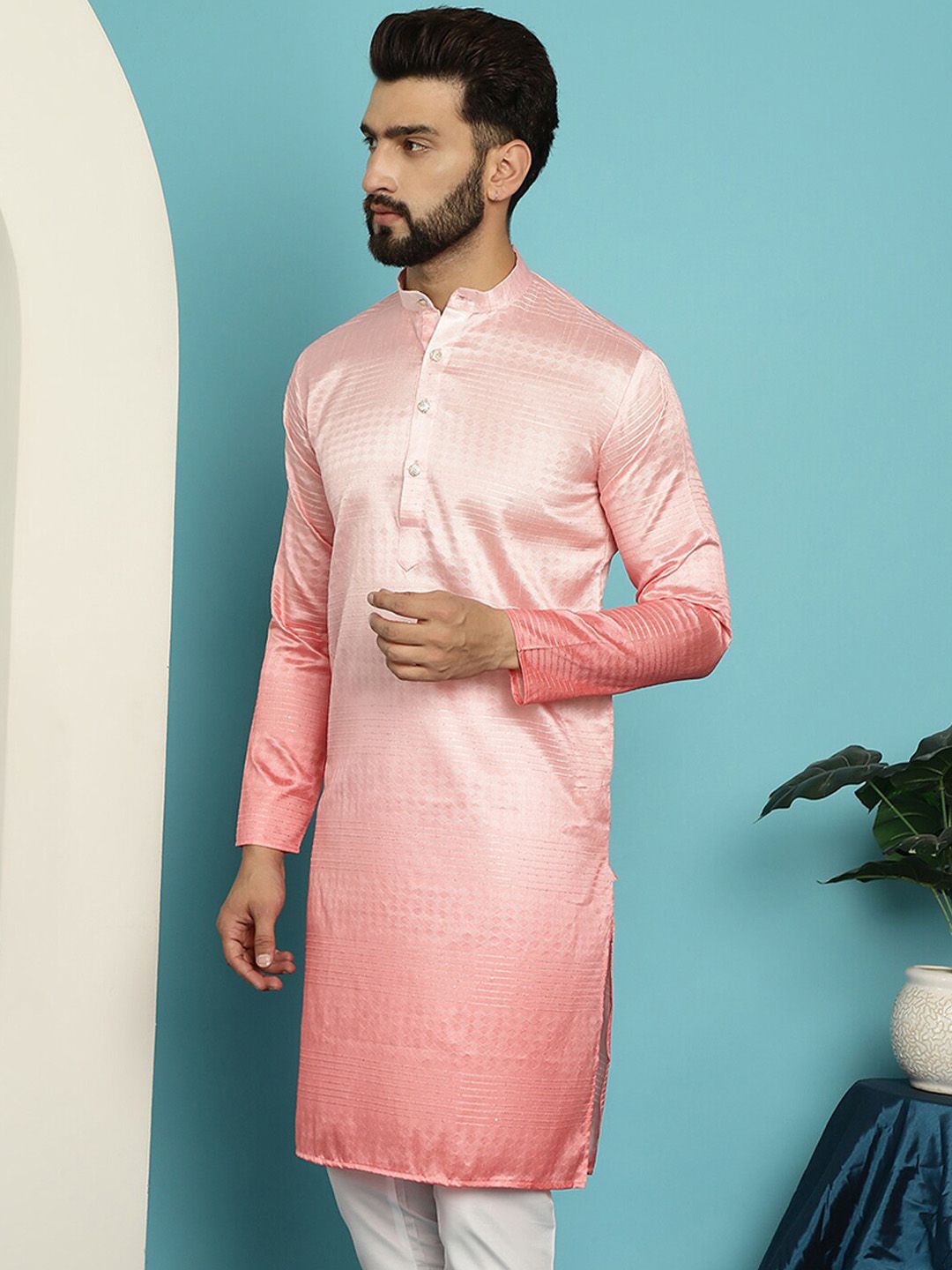 SOJANYA Mandarin Collar Ombre Silk Cotton Jacquard Kurta