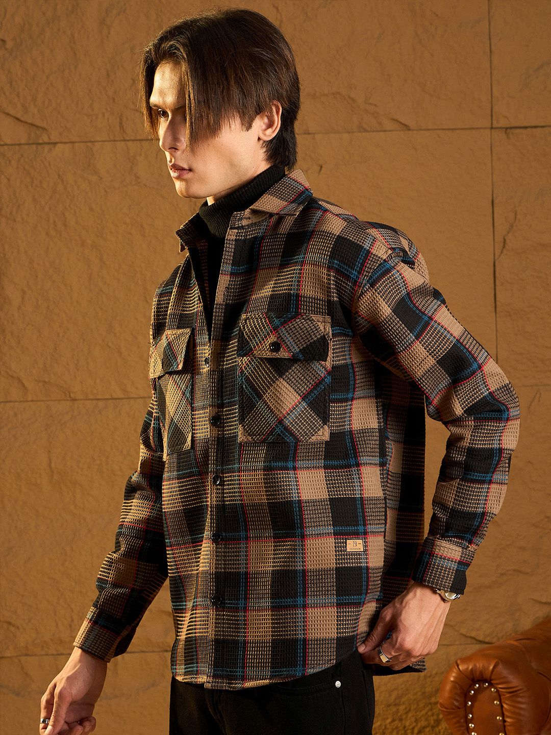 DENNISON Men Double Pocket Drop Shoulder Oversized Cotton Checked Shacket