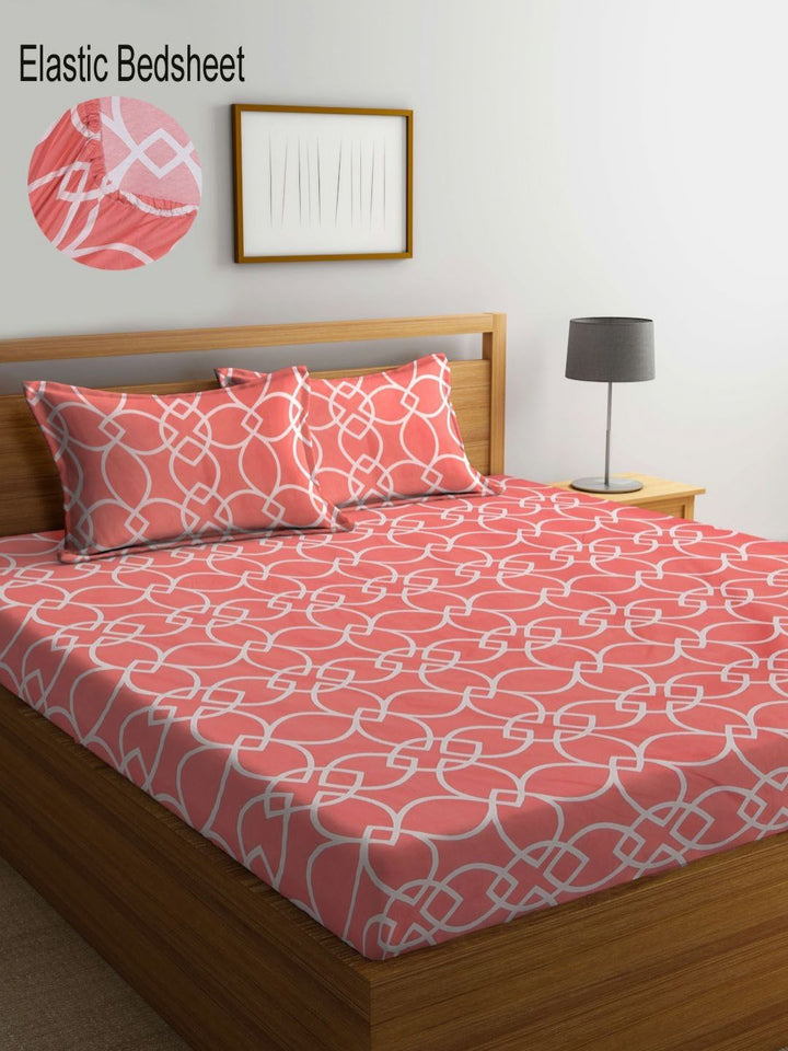 Aura Rust Abstract Cotton 300 TC Fitted King Fine Bedsheet with 2 Pillow Covers-98 x 87 inches