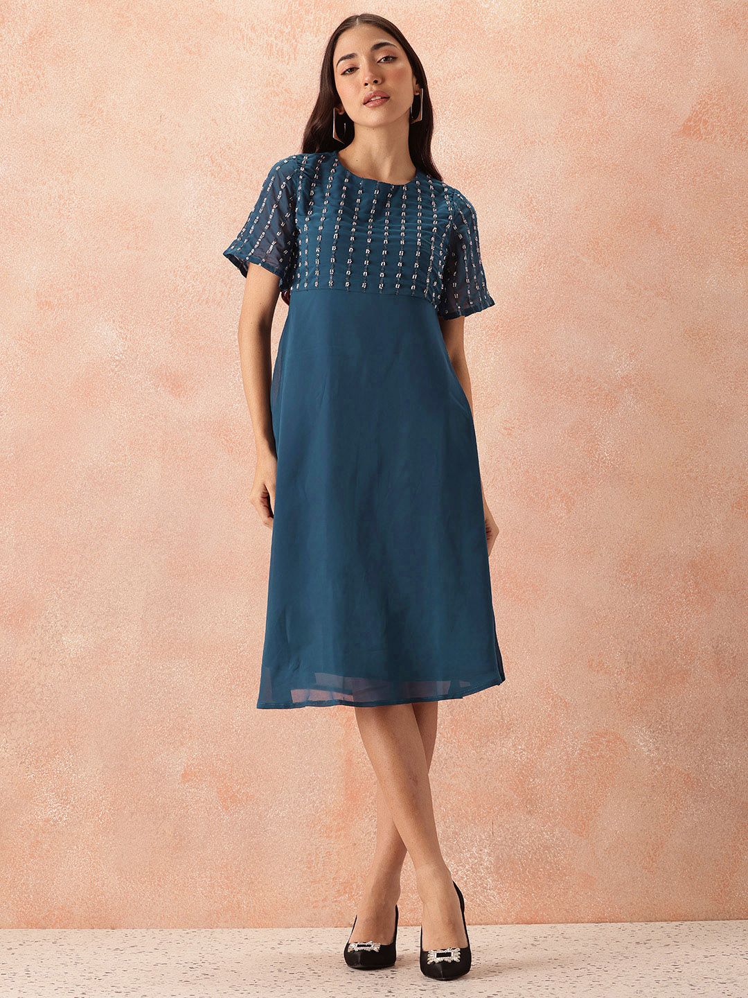 all about you Sequined Flared Sleeves Fit & Flare Dress