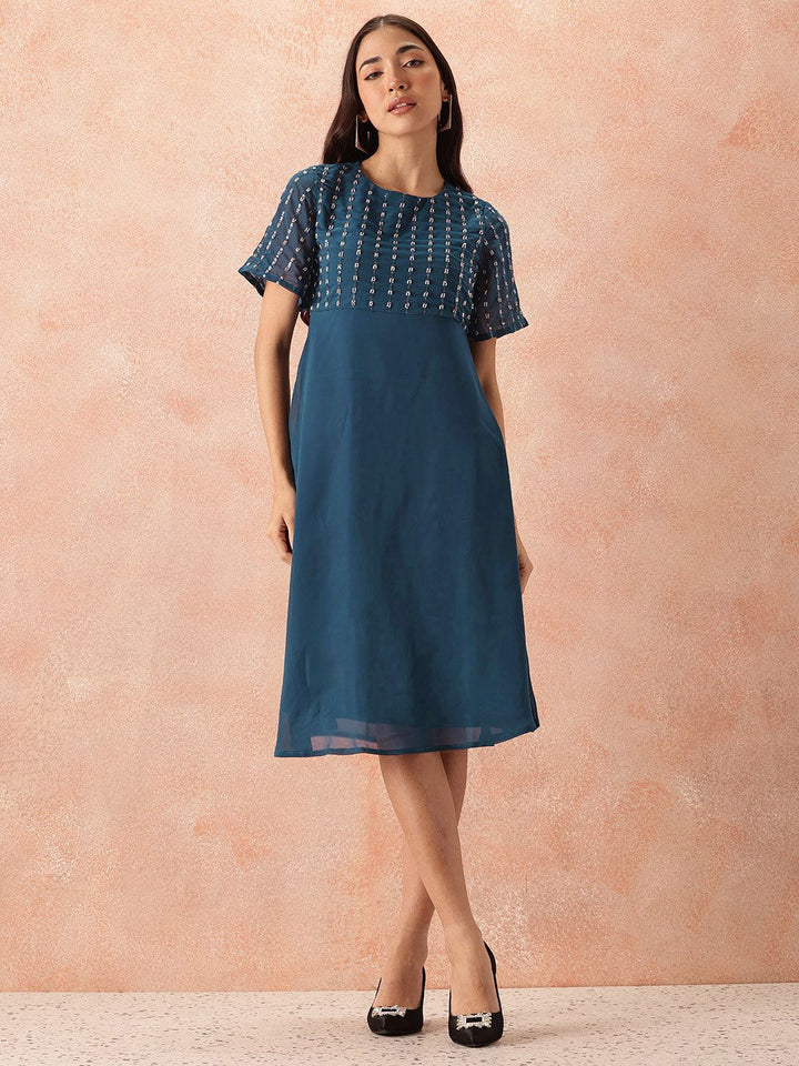 all about you Sequined Flared Sleeves Fit & Flare Dress