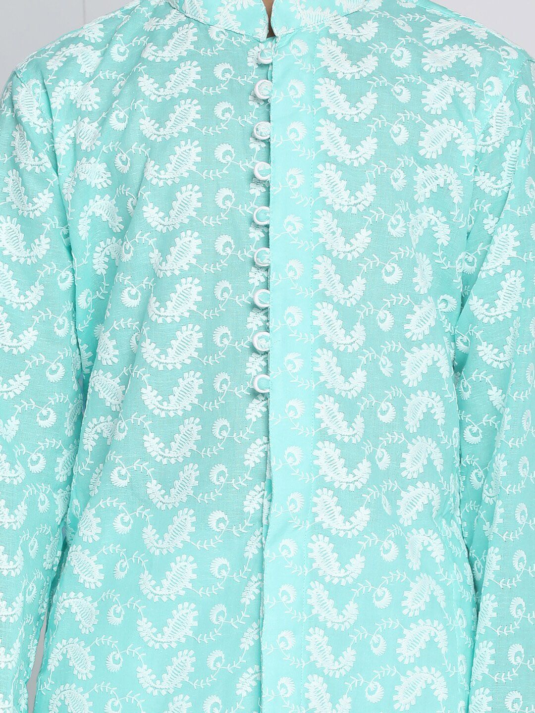 VASTRAMAY Boys Green & White Embroidered Pure Cotton Kurta with Pyjamas