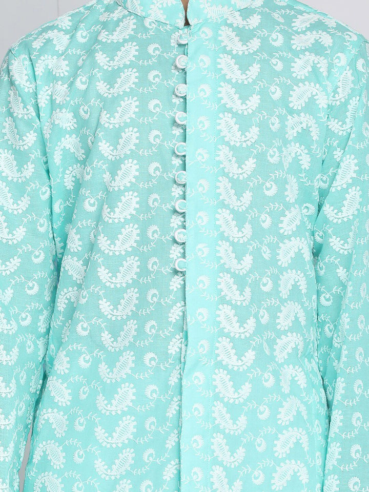 VASTRAMAY Boys Green & White Embroidered Pure Cotton Kurta with Pyjamas