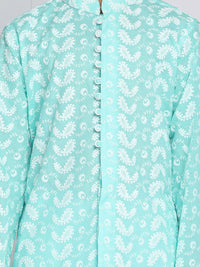 VASTRAMAY Boys Green & White Embroidered Pure Cotton Kurta with Pyjamas