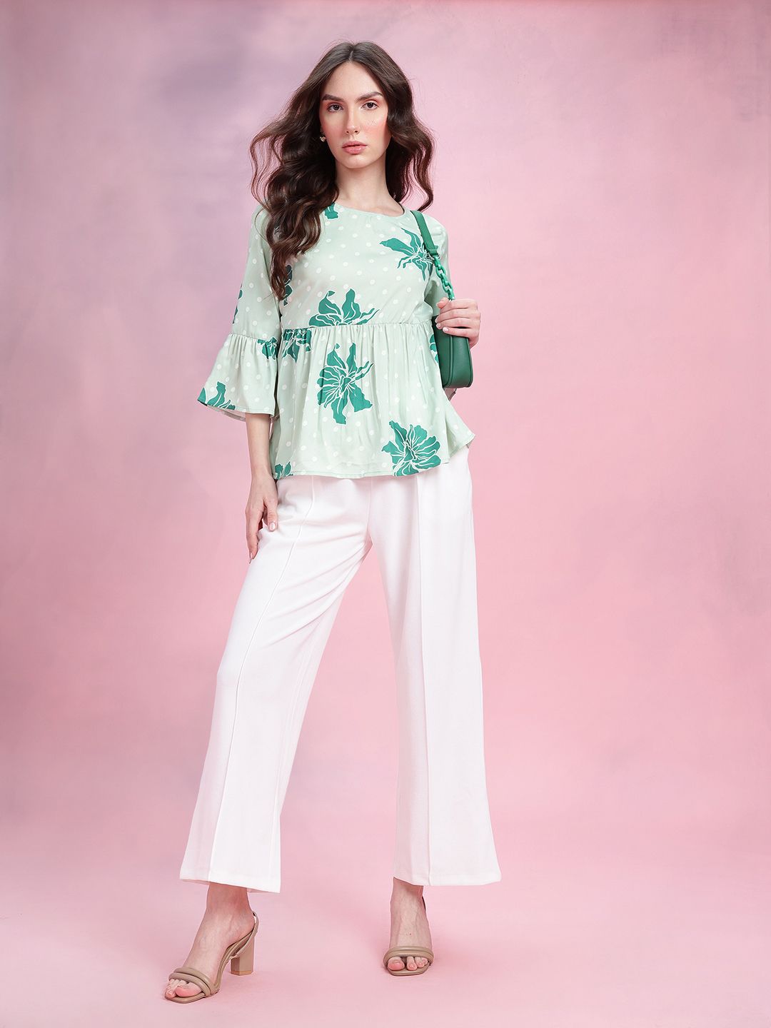 DressBerry Floral Print Gathered Detail Bell Sleeves Peplum Top