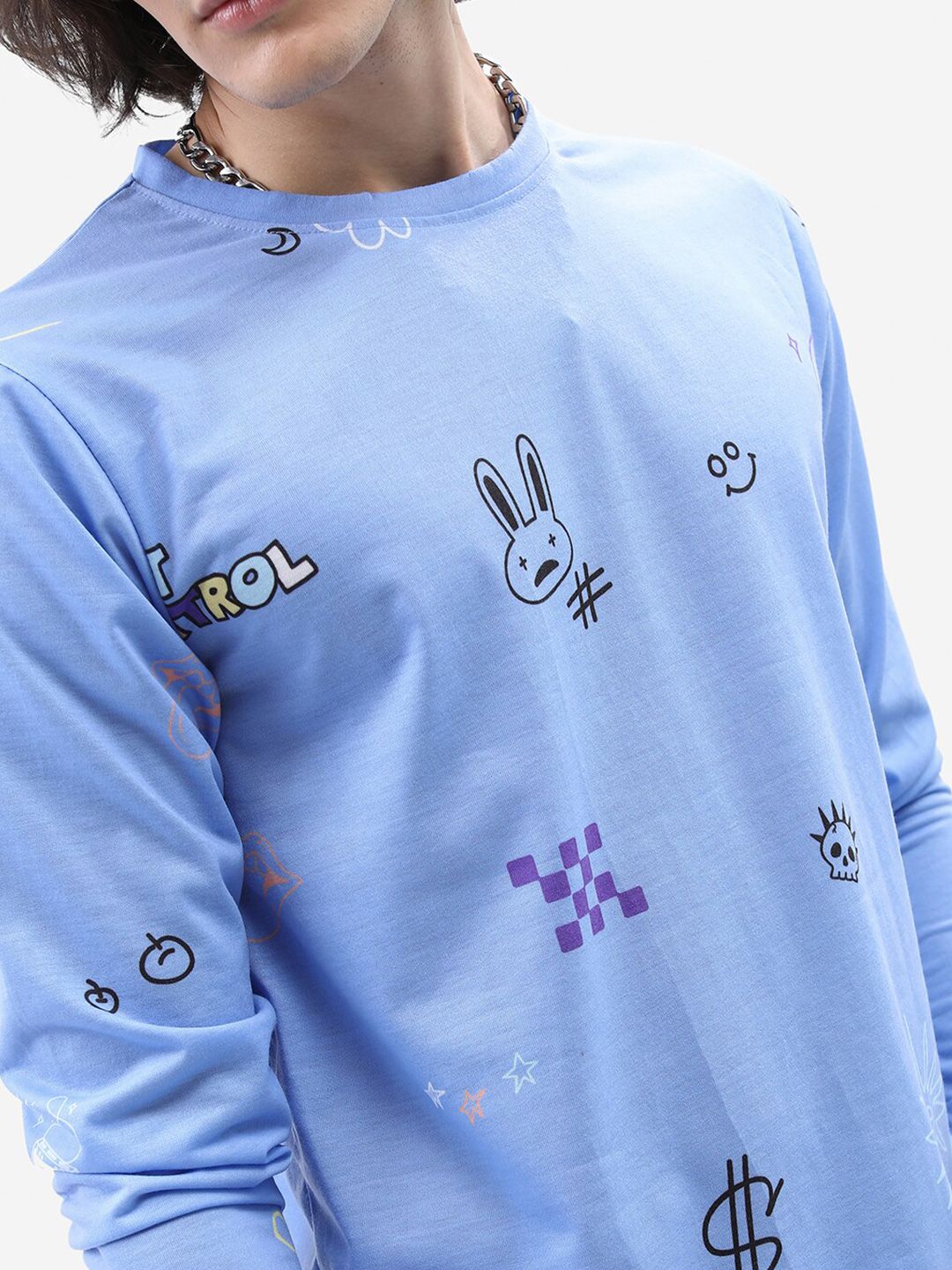 HIGHLANDER Blue Conversational Printed Long Sleeves Relaxed Fit T-shirt