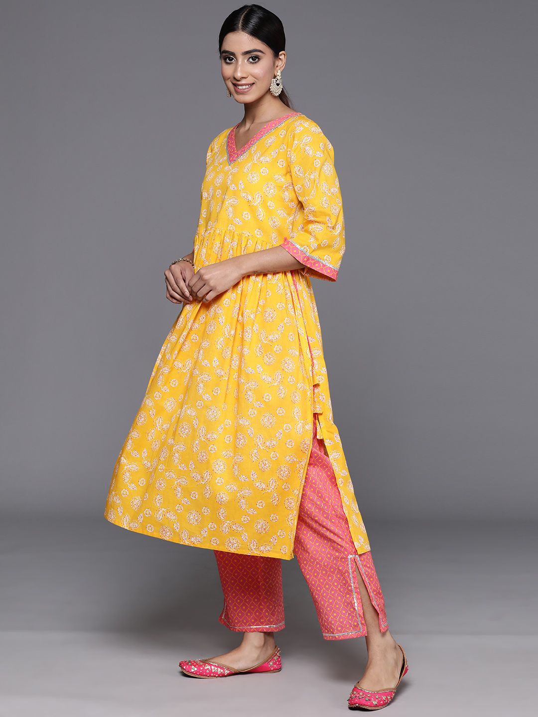 Libas Women Floral Printed Gotta Patti Pure Cotton Kurta with Palazzos & With Dupatta