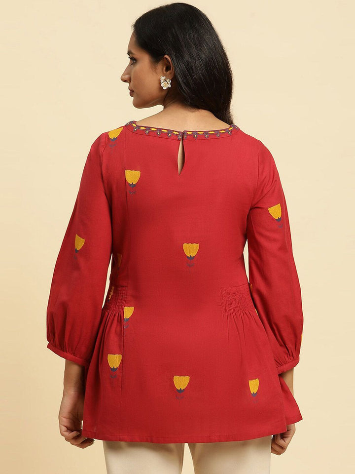 W Red Floral Printed Puffed Sleeves Smocking Pure Cotton Peplum Top