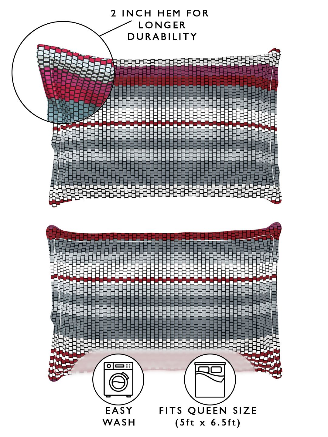 Story@home Arena Grey & Red Striped 180 TC Fitted Queen Bedsheet With 2 Pillow Covers