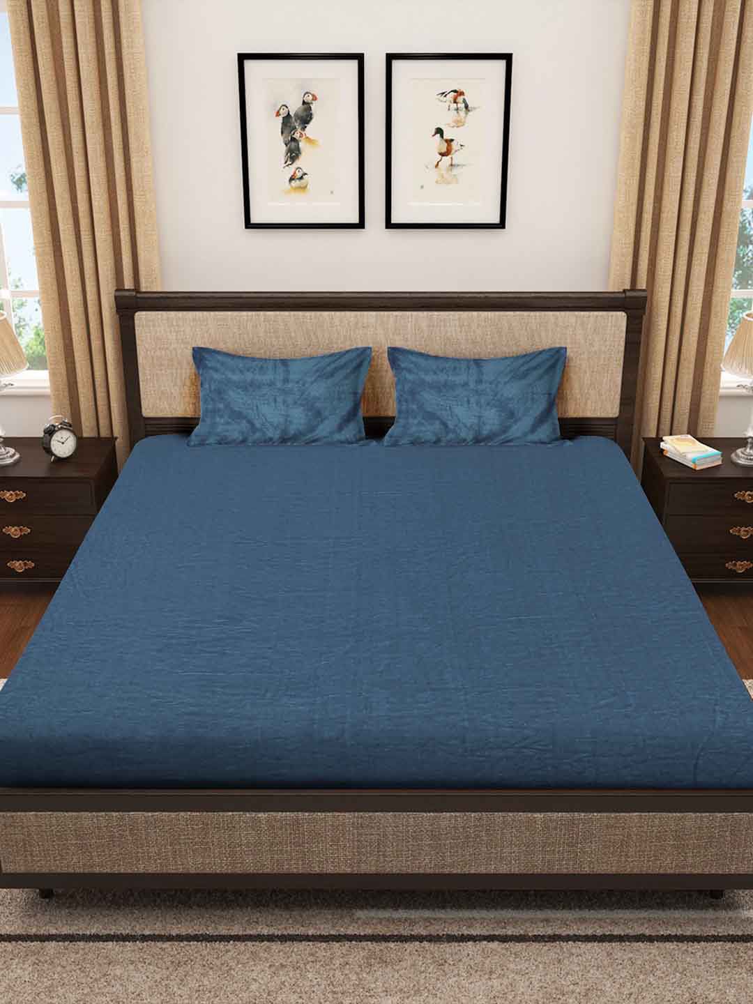 KLOTTHE Turquoise Solid Blue 300 TC King Woolen Bedsheet With 2 Pillow Covers-250X225 cm