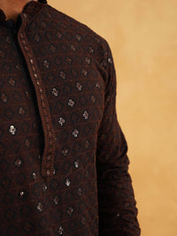 SOJANYA Geometric Embroidered Mandarin Collar Sequinned Pure Cotton Kurta With Churidar