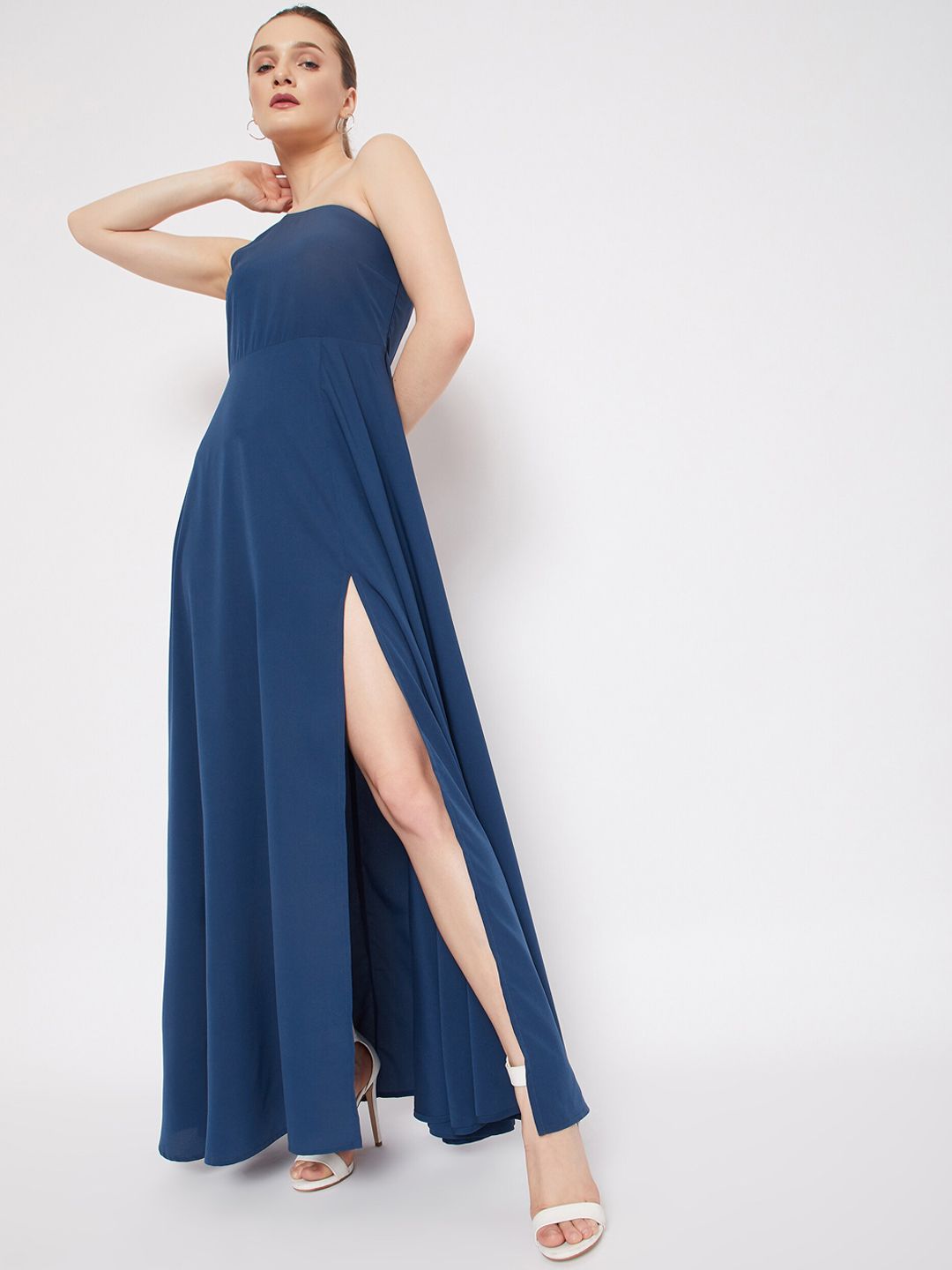 Berrylush Women Blue One Shoulder Crepe Maxi Dress