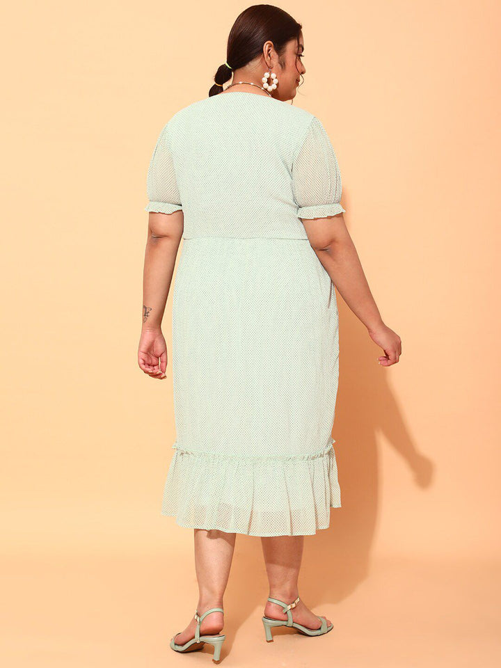CURVY STREET Plus Size Sea Green & Black Polka Dot Printed Puff Sleeve A-Line Dress