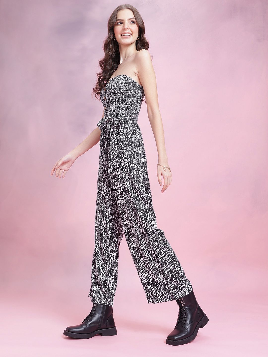 DressBerry Floral Printed Smocked Mock Buttons Strapless Jumpsuit with Belt