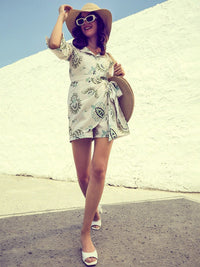Athena Green & White Linen Printed Jumpsuit