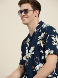 Hancock Men Navy Blue & White Santai Bercetak Baju Kasual