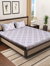 KLOTTHE White Geometric Printed Fitted 400 TC Cotton King Bedsheet & 2 Pillow Covers
