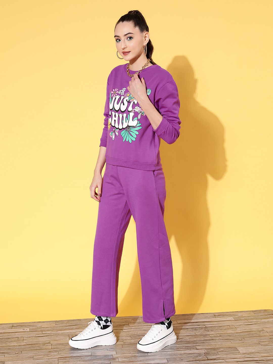 SASSAFRAS Women Purple & White Printed Sweatshirts and Trousers
