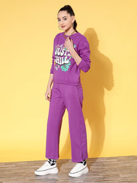 SASSAFRAS Women Purple & White Printed Sweatshirts and Trousers