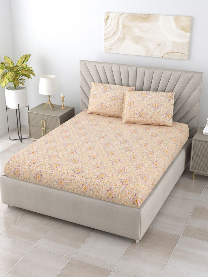 BOMBAY DYEING Epigram Yellow Floral Pure Cotton 120 TC Queen Bedsheet Set 2.24 m X 2.54 m