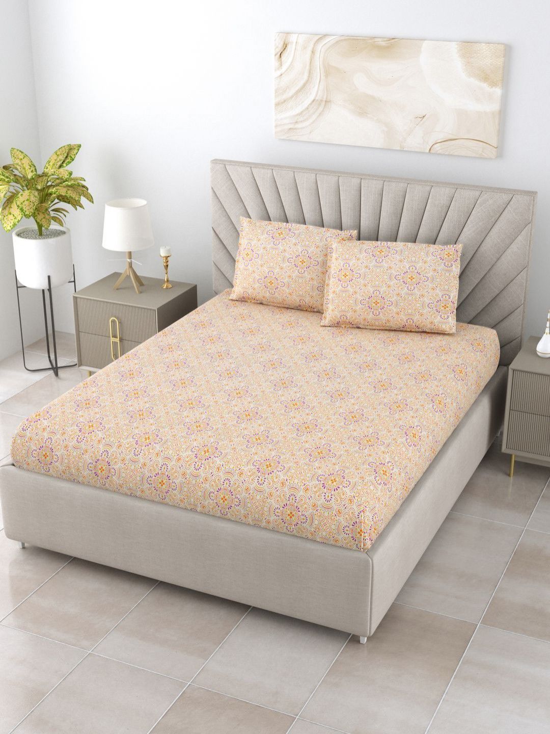 BOMBAY DYEING Epigram Yellow Floral Pure Cotton 120 TC Queen Bedsheet Set 2.24 m X 2.54 m