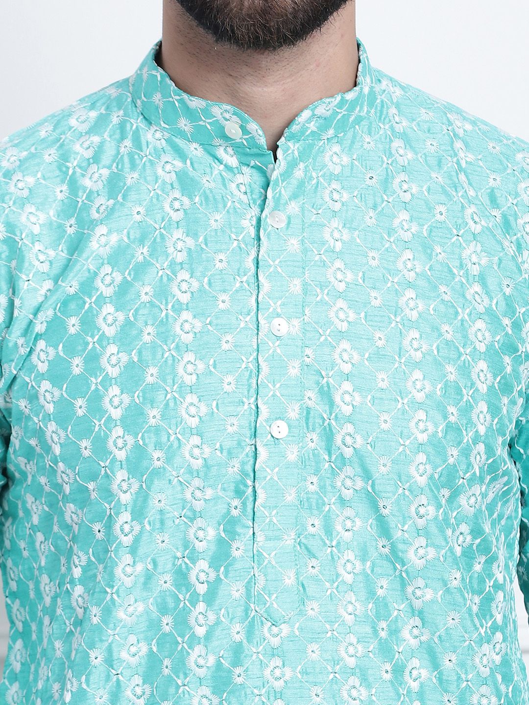 SOJANYA Men Sea Green & White Ethnic Motifs Embroidered Kurta