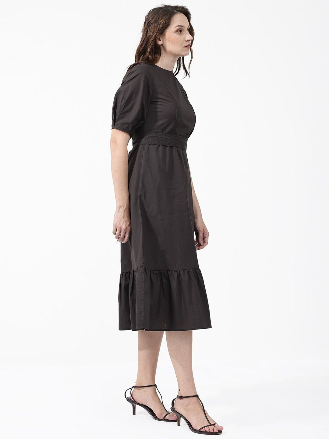 RAREISM Short Sleeves Mandarin Collar Cotton A-Line Midi Dress