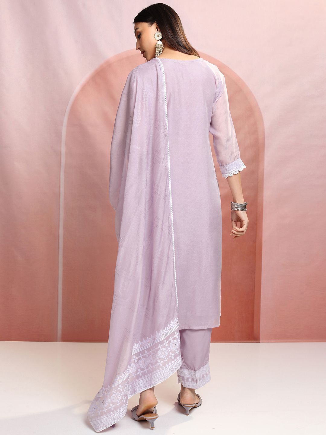 Vishudh Purple Floral Embroidered Mirror Work Straight Kurta With Trousers & Dupatta