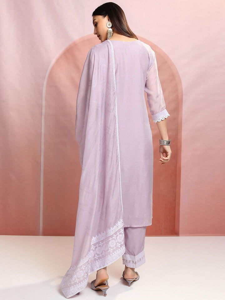 Vishudh Purple Floral Embroidered Mirror Work Straight Kurta With Trousers & Dupatta
