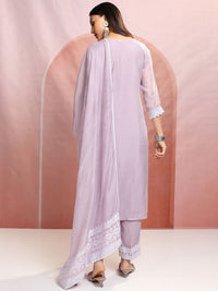 Vishudh Purple Floral Embroidered Mirror Work Straight Kurta With Trousers & Dupatta