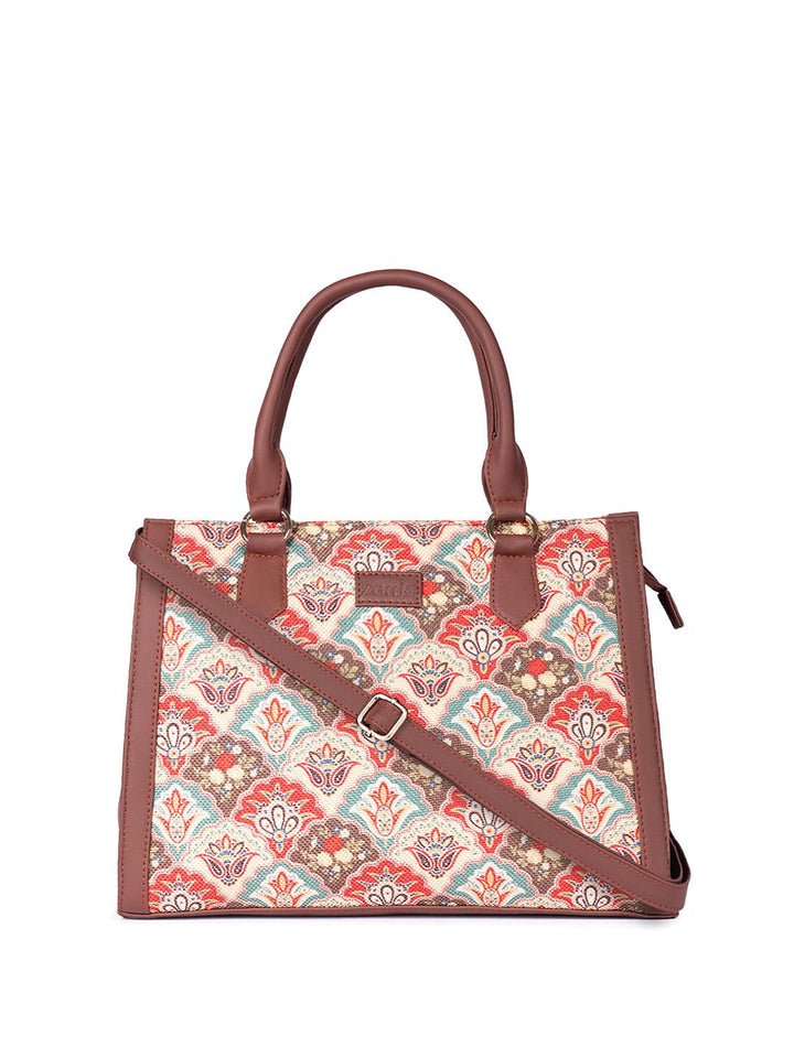 ZOUK Ethnic Motifs Printed Structured Jute Handheld Bag