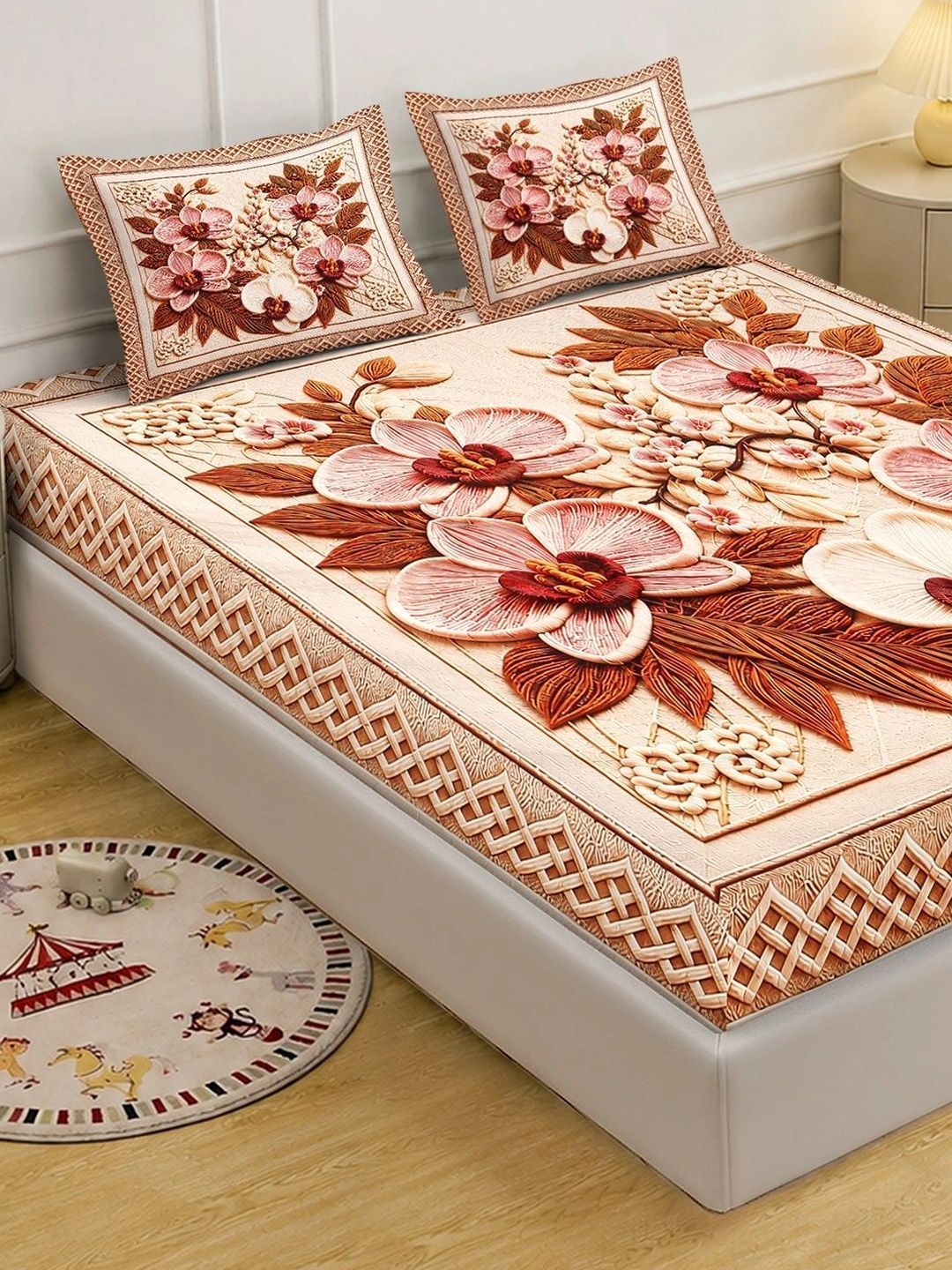 KLOTTHE Multicoloured Floral 400 TC King Bedsheet with 2 Pillow Covers